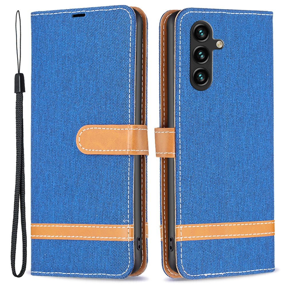 For Samsung Galaxy A15 4G Case Jeans Cloth Splicing PU Leather Phone Cover
