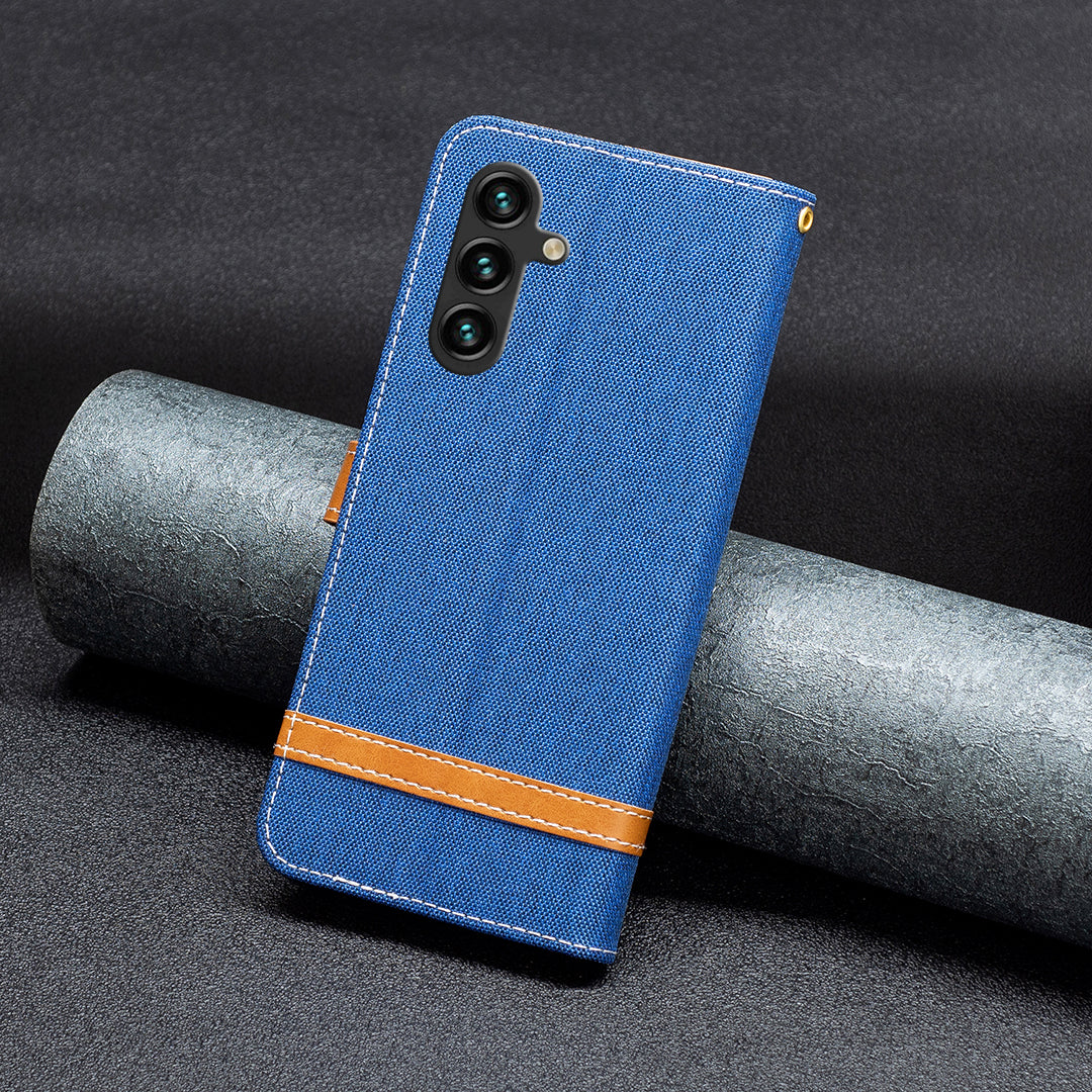 For Samsung Galaxy A15 4G Case Jeans Cloth Splicing PU Leather Phone Cover