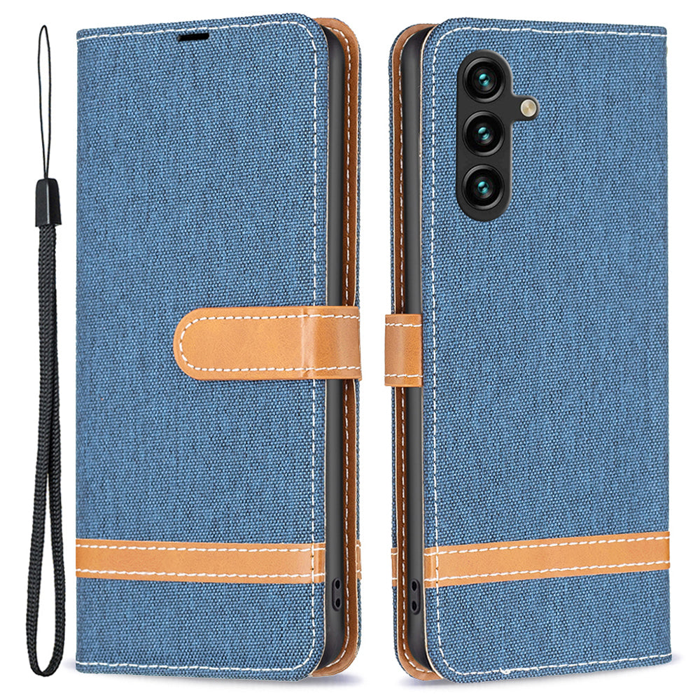 For Samsung Galaxy A15 4G Case Jeans Cloth Splicing PU Leather Phone Cover
