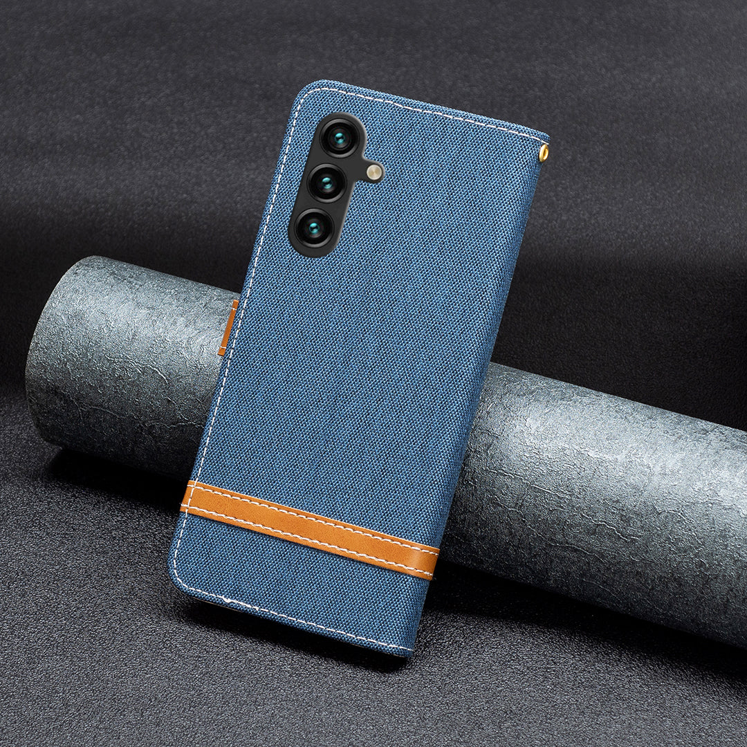 For Samsung Galaxy A15 4G Case Jeans Cloth Splicing PU Leather Phone Cover