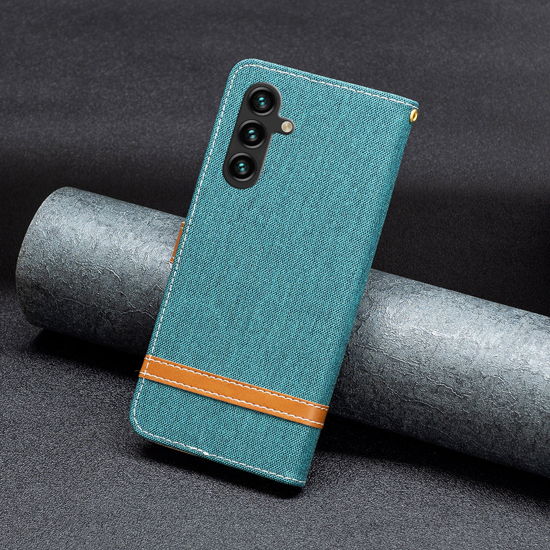 For Samsung Galaxy A15 4G Case Jeans Cloth Splicing PU Leather Phone Cover