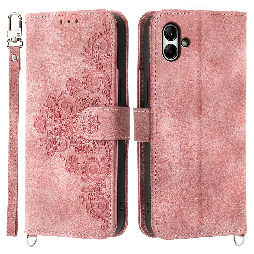 For Samsung Galaxy A05 4G Case PU Leather Flower Imprinted Phone Cover with 2 Straps