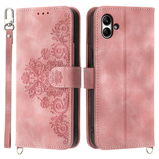 For Samsung Galaxy A05 4G Case PU Leather Flower Imprinted Phone Cover with 2 Straps