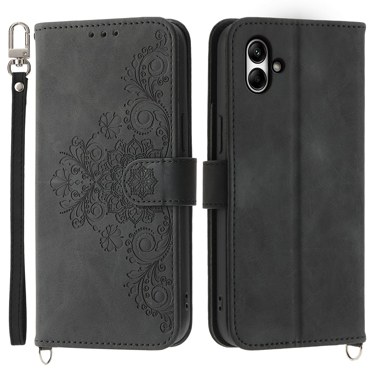 For Samsung Galaxy A05 4G Case PU Leather Flower Imprinted Phone Cover with 2 Straps
