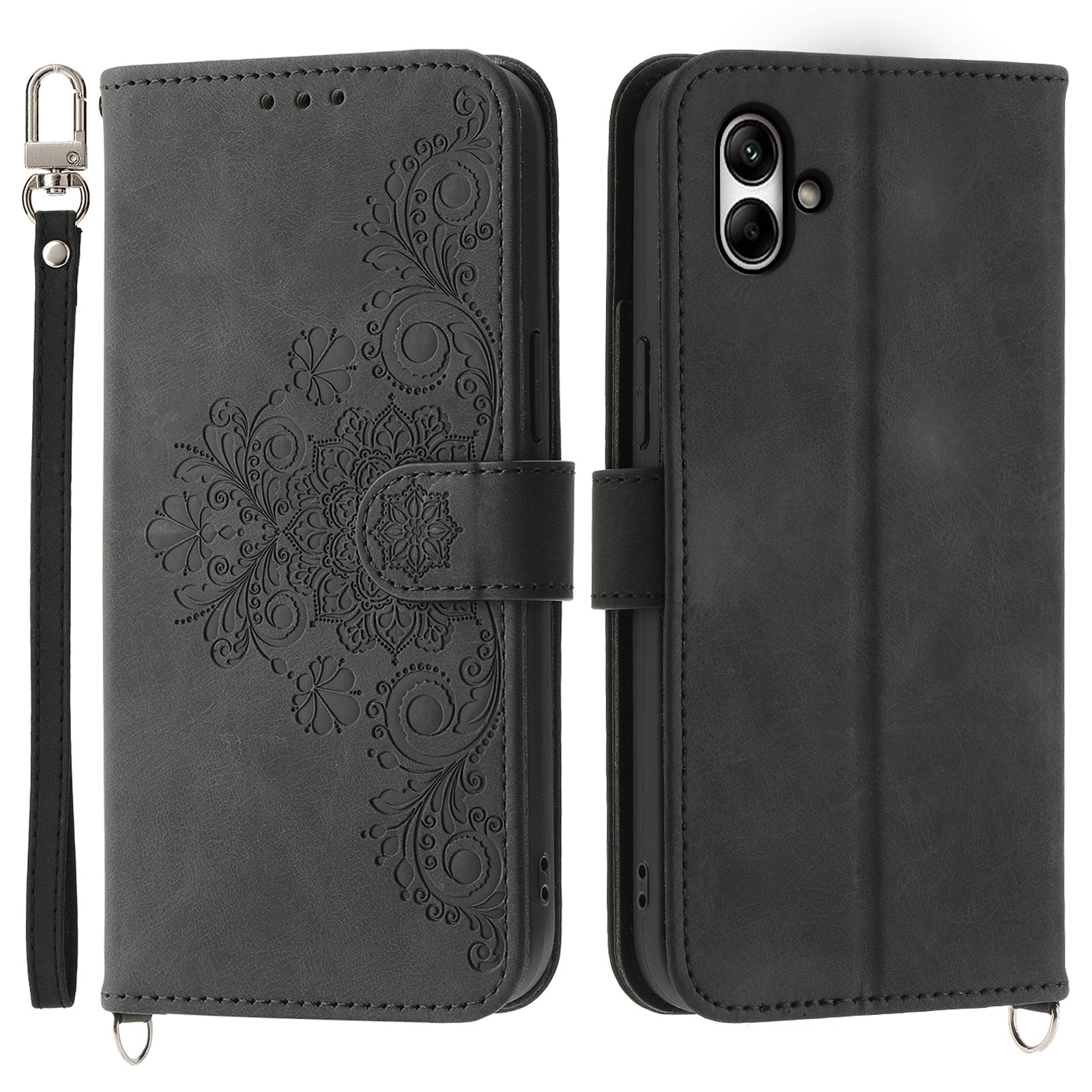 For Samsung Galaxy A05 4G Case PU Leather Flower Imprinted Phone Cover with 2 Straps