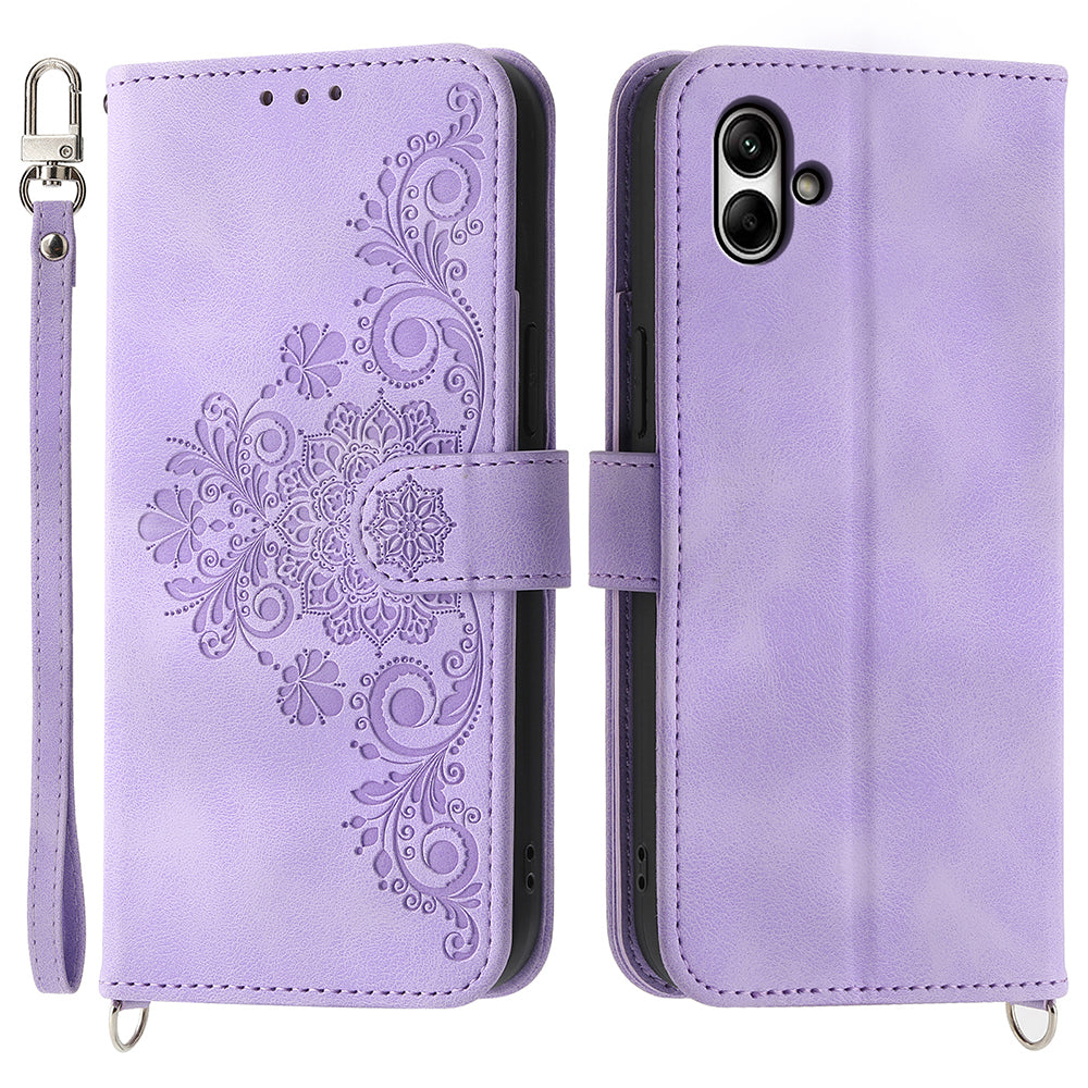 For Samsung Galaxy A05 4G Case PU Leather Flower Imprinted Phone Cover with 2 Straps