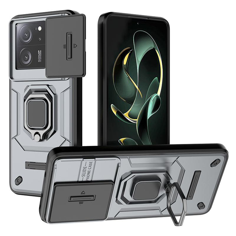 For Xiaomi Redmi K60 Ultra / 13T / 13T Pro Back Cover Slide Lens Lid PC+TPU Kickstand Phone Case