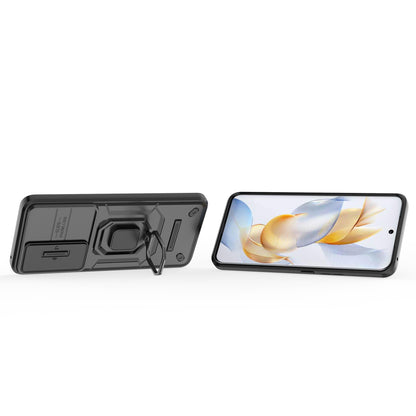 For Honor 90 Pro Cover Slide Lens Lid PC+TPU Phone Back Case with Kickstand