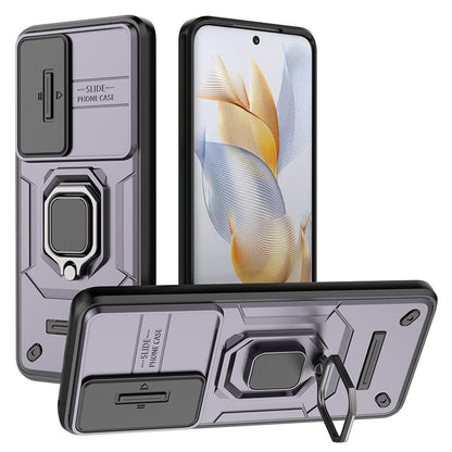 For Honor 90 Pro Cover Slide Lens Lid PC+TPU Phone Back Case with Kickstand