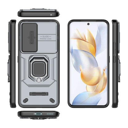 For Honor 90 Pro Cover Slide Lens Lid PC+TPU Phone Back Case with Kickstand