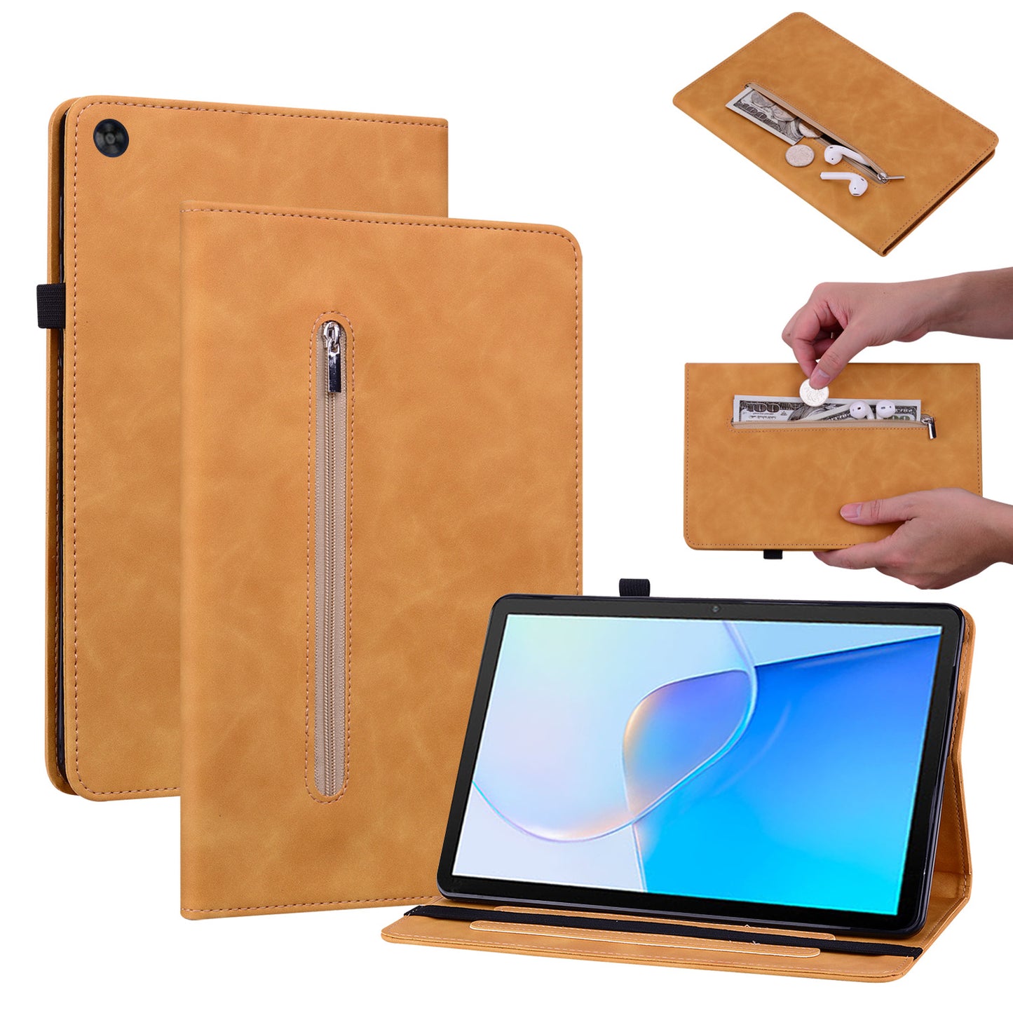 For Huawei MatePad SE 10.4 inch Anti-scratch Zipper Pocket PU Leather Case, Elastic Band Closure Stand Card Holder Tablet Cover