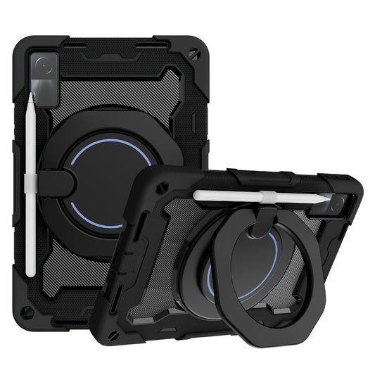 For Xiaomi Redmi Pad 10.6-inch Shock-absorbing Silicone+PC Protective Case Rotating Handle-Kickstand Tablet Cover with Pencil Holder and Shoulder Strap