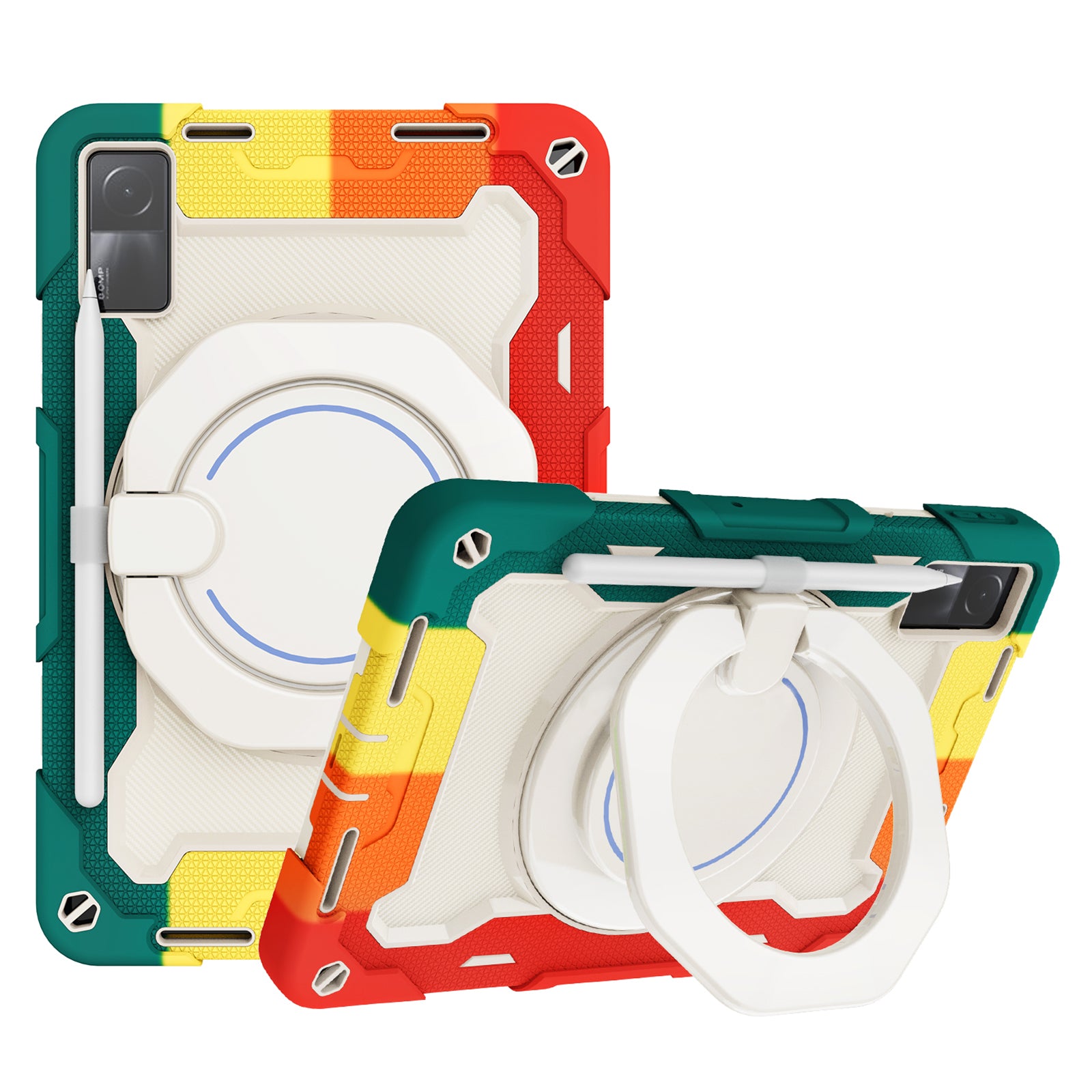 For Xiaomi Redmi Pad 10.6-inch Shock-absorbing Silicone+PC Protective Case Rotating Handle-Kickstand Tablet Cover with Pencil Holder and Shoulder Strap