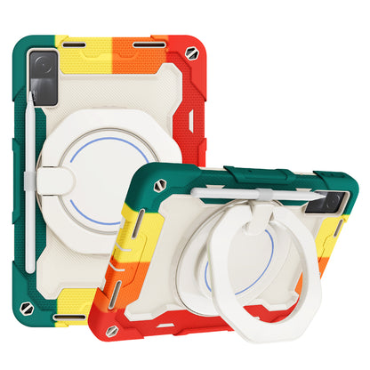 For Xiaomi Redmi Pad 10.6-inch Shock-absorbing Silicone+PC Protective Case Rotating Handle-Kickstand Tablet Cover with Pencil Holder and Shoulder Strap