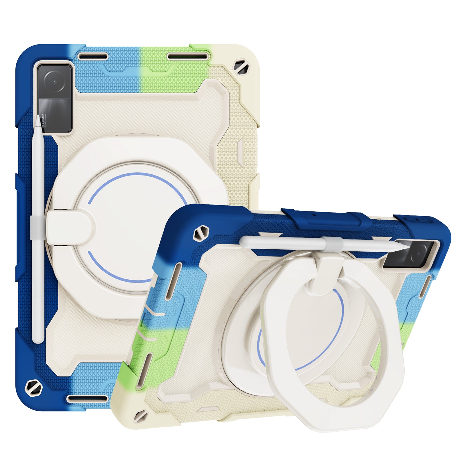 For Xiaomi Redmi Pad 10.6-inch Shock-absorbing Silicone+PC Protective Case Rotating Handle-Kickstand Tablet Cover with Pencil Holder and Shoulder Strap