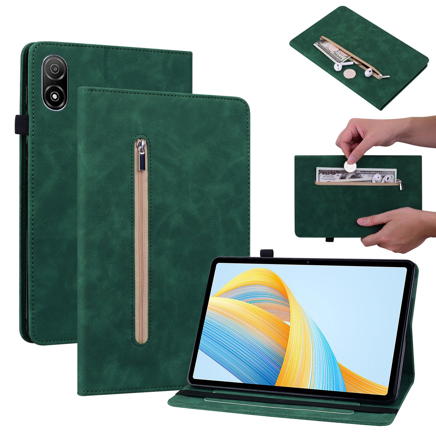 For Honor Pad V8 Pro PU Leather Stand Case Zipper Pocket Card Holder Tablet Cover with Auto Wake / Sleep