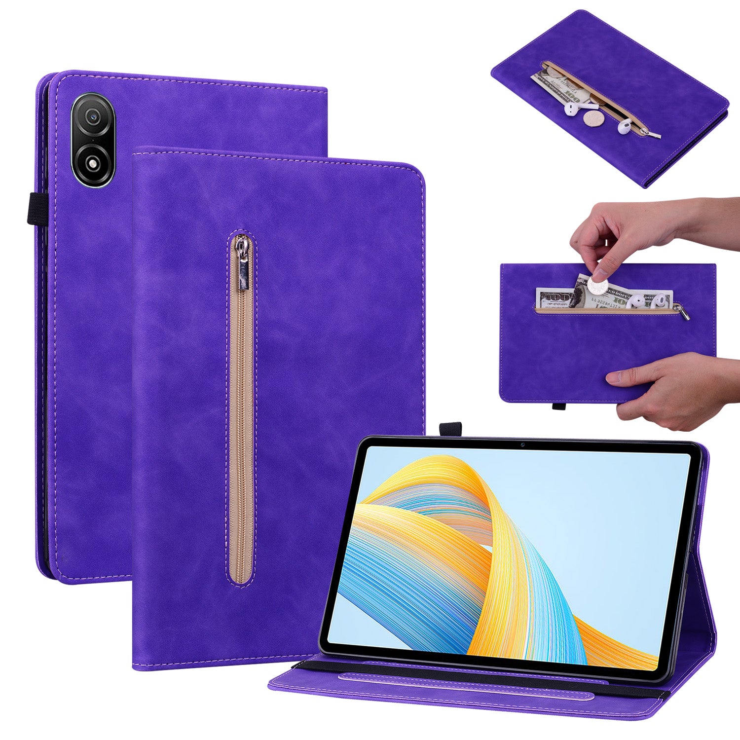 For Honor Pad V8 Pro PU Leather Stand Case Zipper Pocket Card Holder Tablet Cover with Auto Wake / Sleep