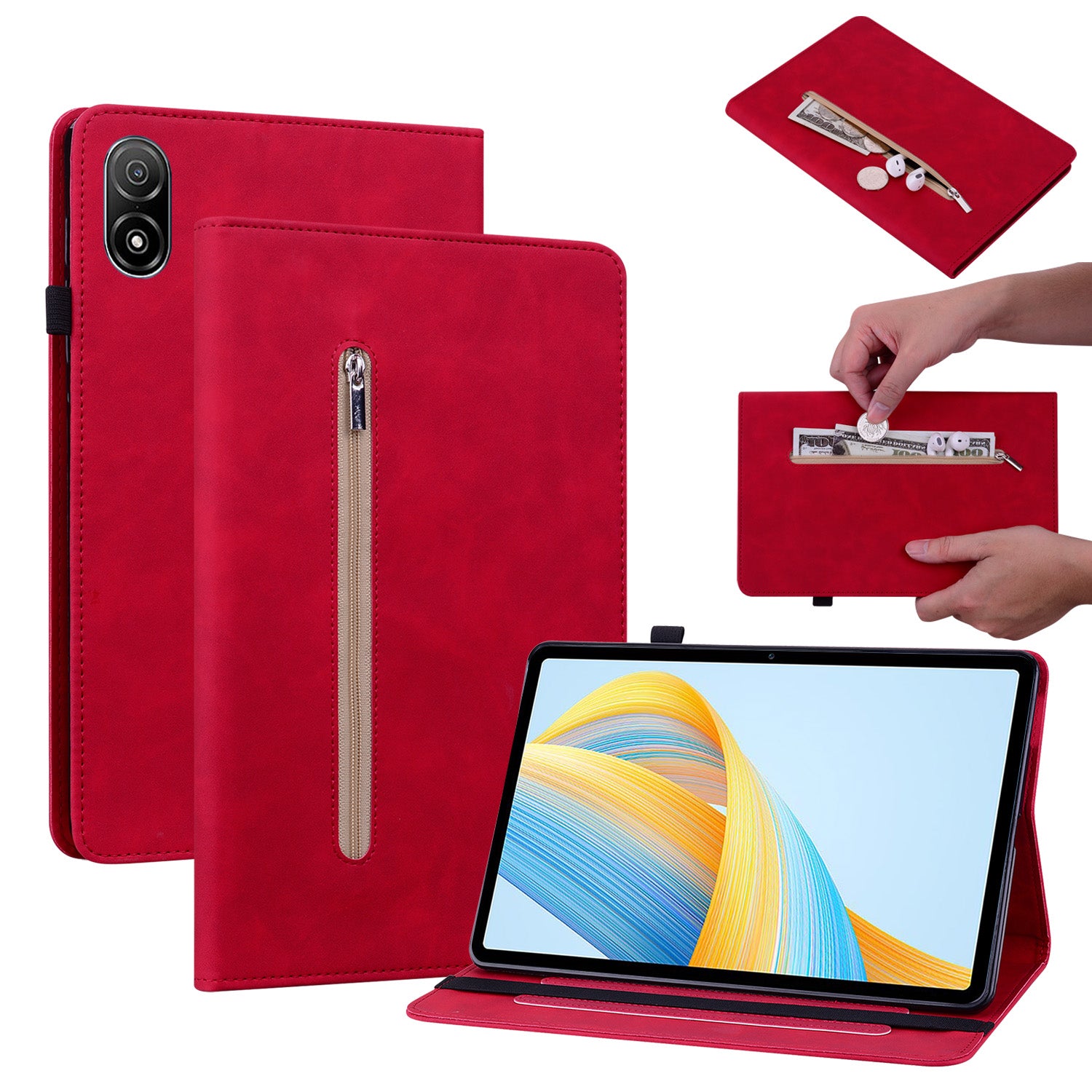 For Honor Pad V8 Pro PU Leather Stand Case Zipper Pocket Card Holder Tablet Cover with Auto Wake / Sleep
