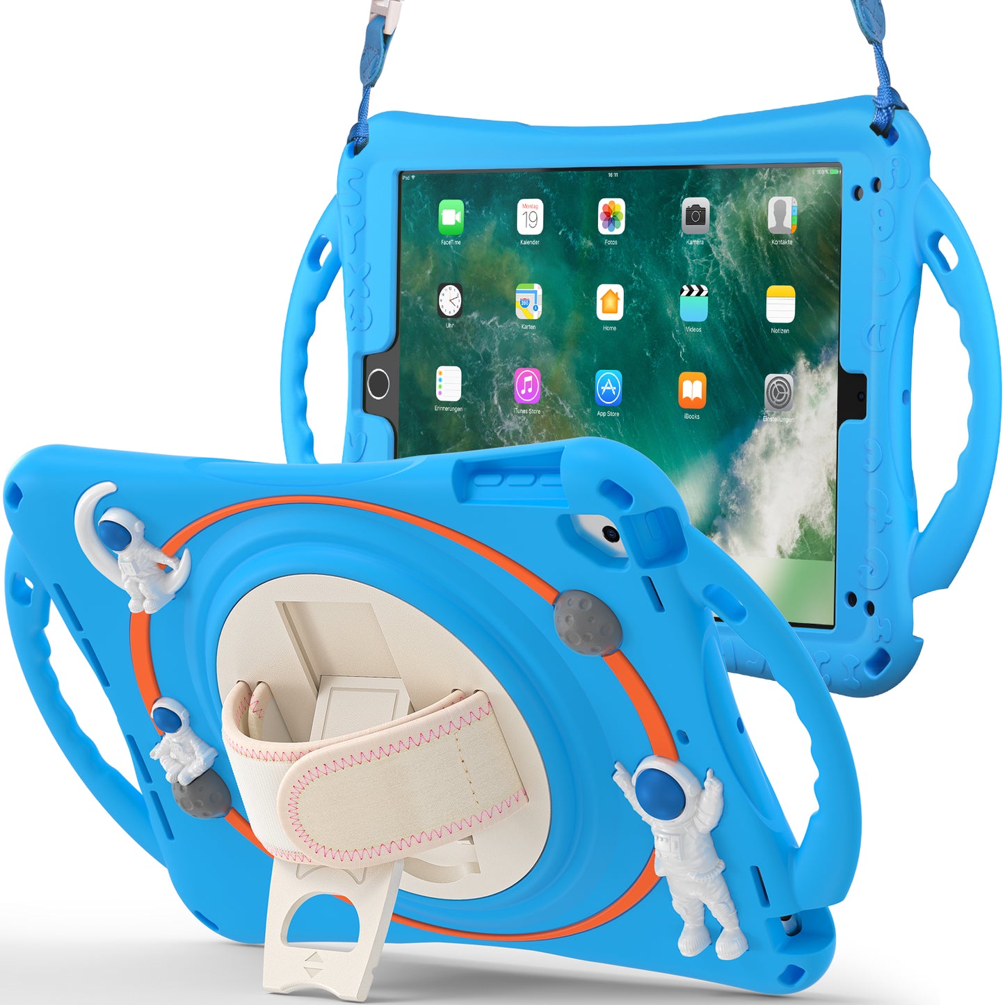 For iPad 9.7-inch (2017) / (2018) / iPad Pro 9.7 inch (2016) / iPad Air (2013) / Air 2 Kickstand Tablet Case Astronaut PC+Silicone Cover with Hand Strap / Shoulder Strap