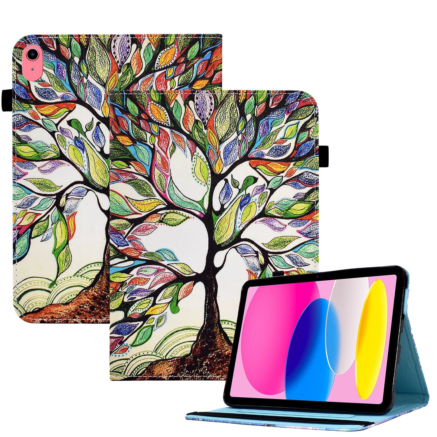 For iPad 10.9 (2022) PU Leather Folding Stand Cover Pattern Printing Elastic Band Tablet Case with Card Holder