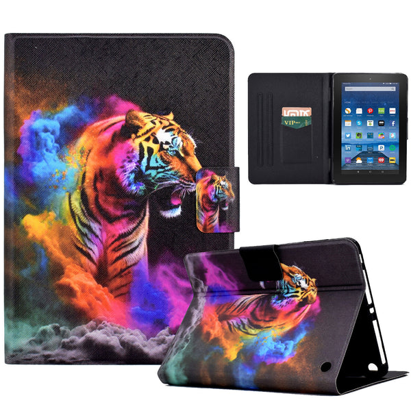 For Amazon Fire HD 8 (2020) / (2022) Case with Card Slots, Pattern Printed Leather Flip Cover Anti-Fall Tablet Case
