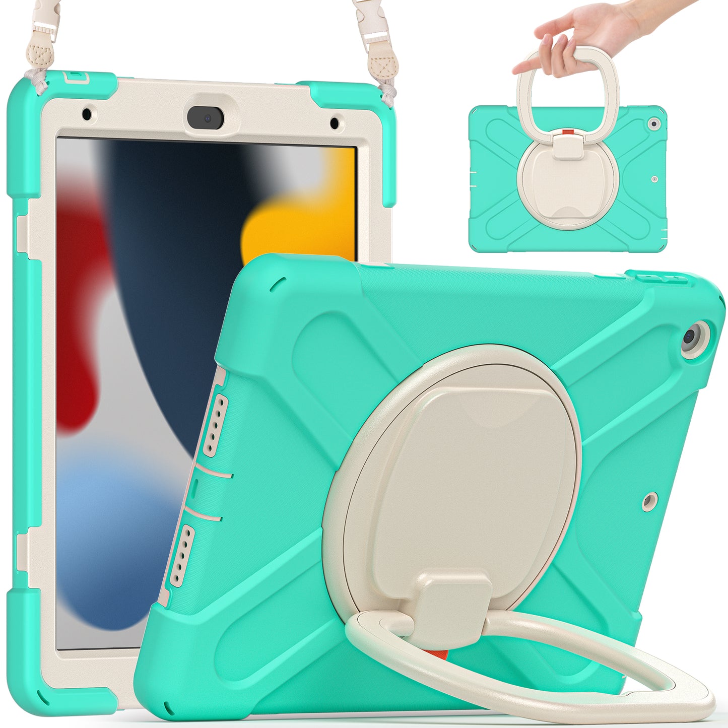 For iPad 10.2 (2021) / (2019) / (2020) Rotary Kickstand Tablet Case PC+Silicone Tablet Cover with Shoulder Strap