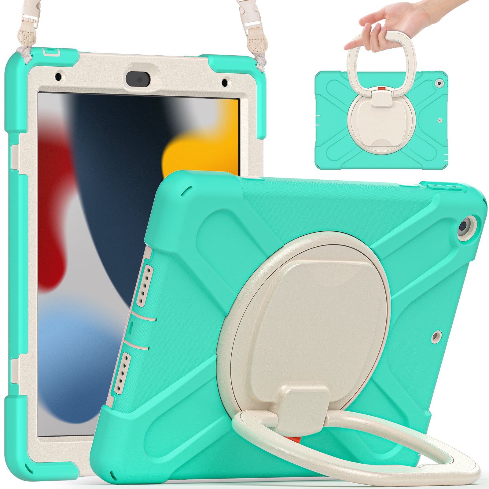 For iPad 10.2 (2021) / (2019) / (2020) Rotary Kickstand Tablet Case PC+Silicone Tablet Cover with Shoulder Strap