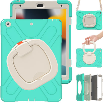For iPad 10.2 (2021) / (2019) / (2020) Rotary Kickstand Tablet Case PC+Silicone Tablet Cover with Shoulder Strap