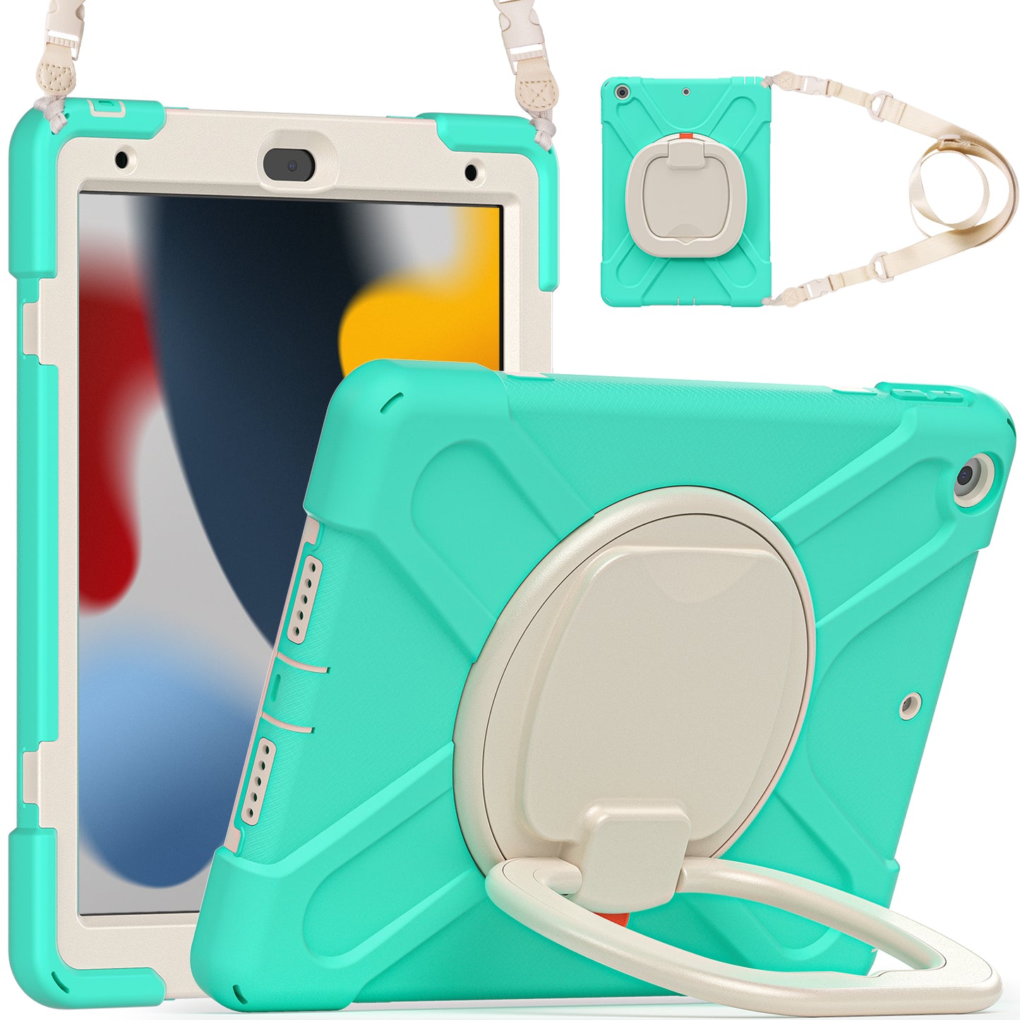 For iPad 10.2 (2021) / (2019) / (2020) Rotary Kickstand Tablet Case PC+Silicone Tablet Cover with Shoulder Strap