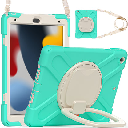 For iPad 10.2 (2021) / (2019) / (2020) Rotary Kickstand Tablet Case PC+Silicone Tablet Cover with Shoulder Strap