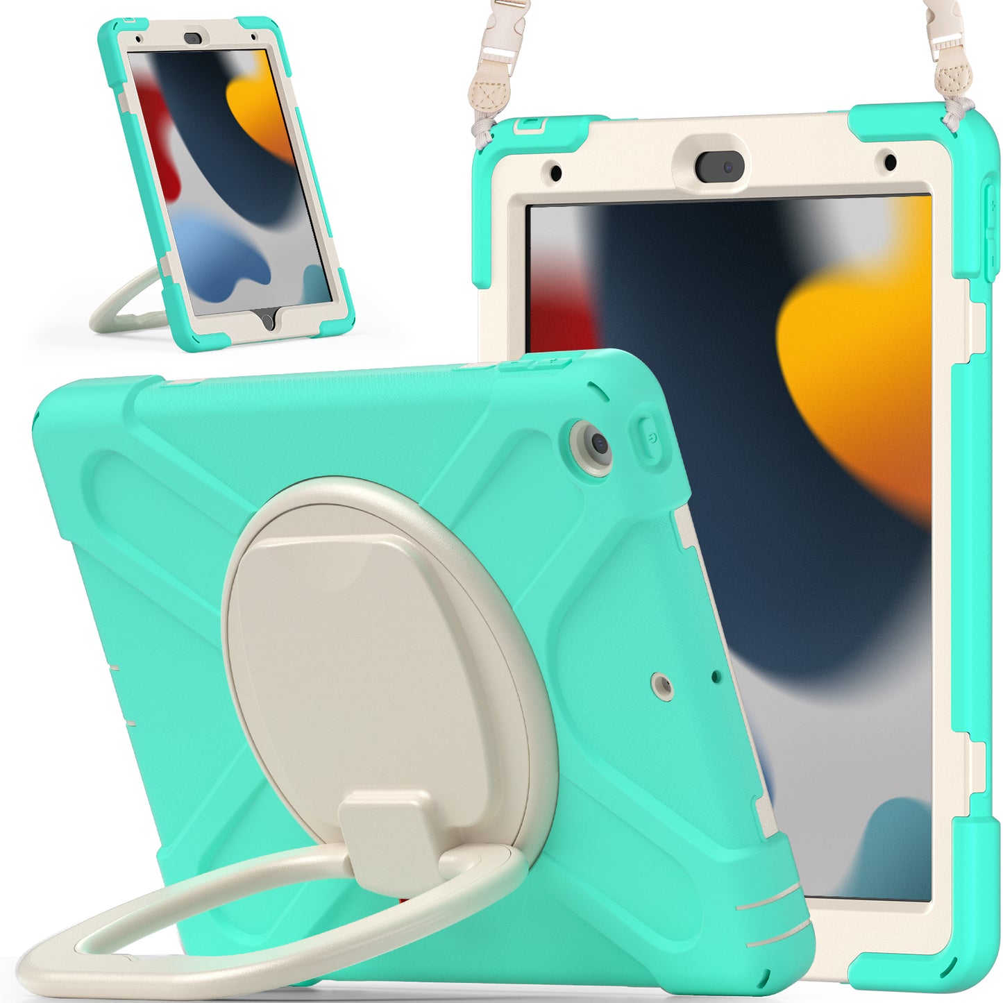 For iPad 10.2 (2021) / (2019) / (2020) Rotary Kickstand Tablet Case PC+Silicone Tablet Cover with Shoulder Strap
