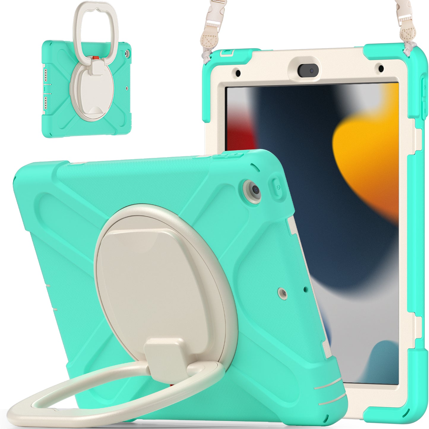For iPad 10.2 (2021) / (2019) / (2020) Rotary Kickstand Tablet Case PC+Silicone Tablet Cover with Shoulder Strap