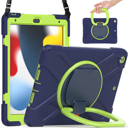 For iPad 10.2 (2021) / (2019) / (2020) Rotary Kickstand Tablet Case PC+Silicone Tablet Cover with Shoulder Strap