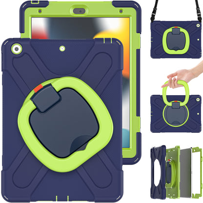 For iPad 10.2 (2021) / (2019) / (2020) Rotary Kickstand Tablet Case PC+Silicone Tablet Cover with Shoulder Strap