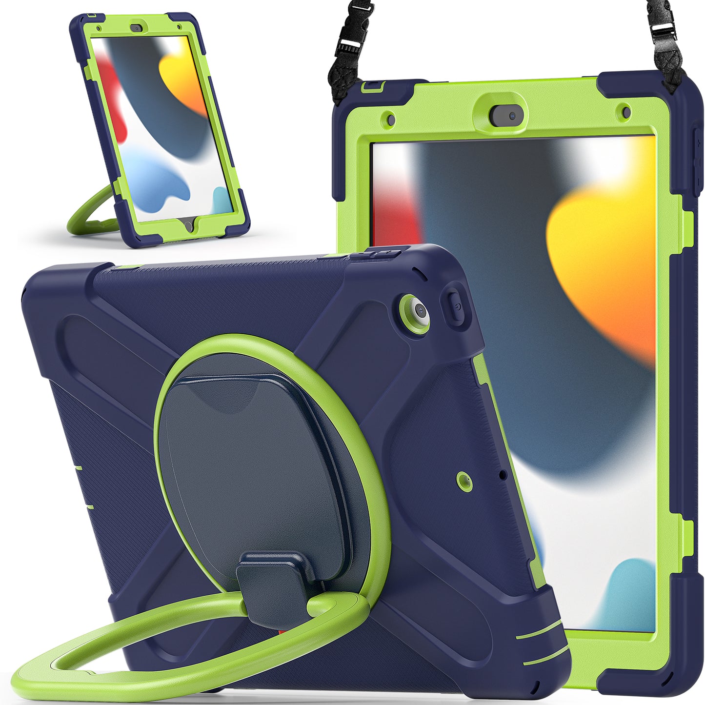 For iPad 10.2 (2021) / (2019) / (2020) Rotary Kickstand Tablet Case PC+Silicone Tablet Cover with Shoulder Strap