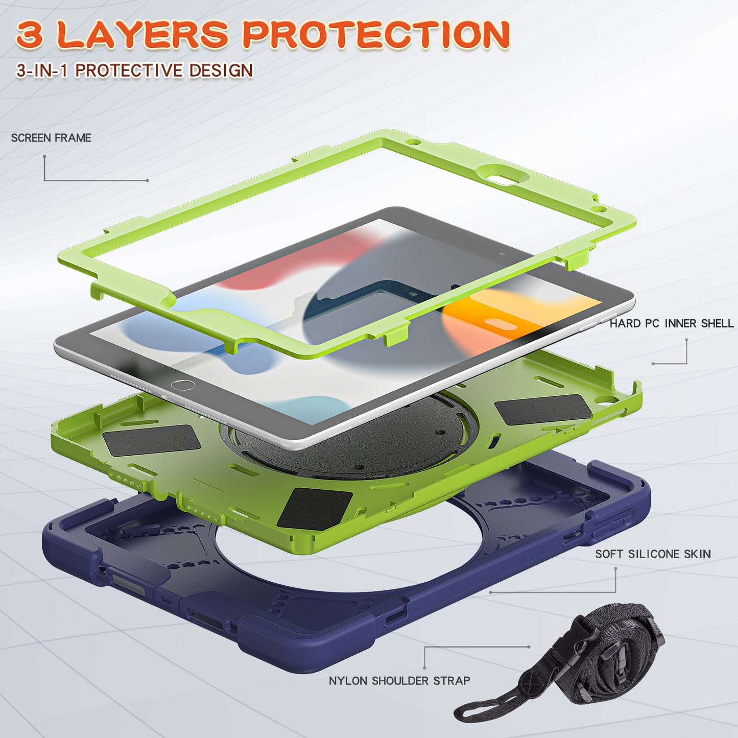 For iPad 10.2 (2021) / (2019) / (2020) Rotary Kickstand Tablet Case PC+Silicone Tablet Cover with Shoulder Strap