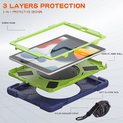 For iPad 10.2 (2021) / (2019) / (2020) Rotary Kickstand Tablet Case PC+Silicone Tablet Cover with Shoulder Strap