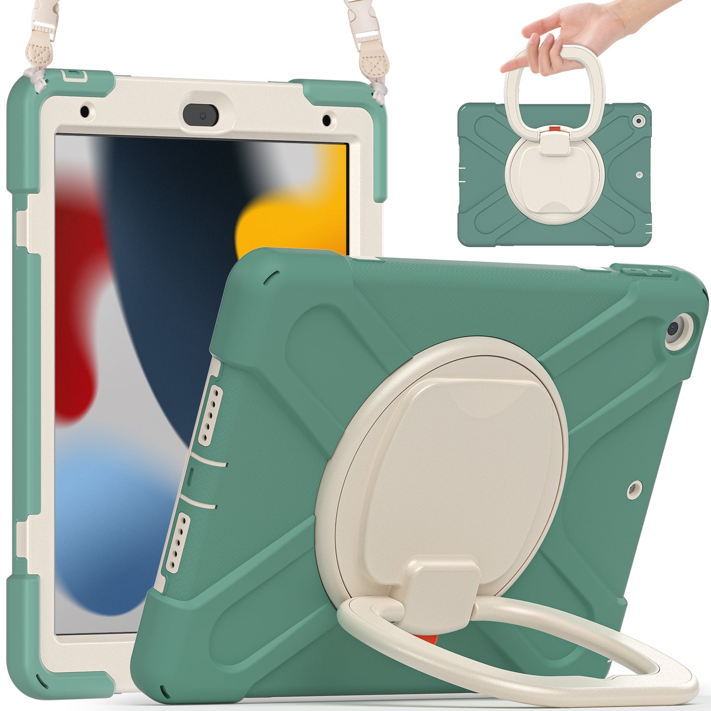 For iPad 10.2 (2021) / (2019) / (2020) Rotary Kickstand Tablet Case PC+Silicone Tablet Cover with Shoulder Strap