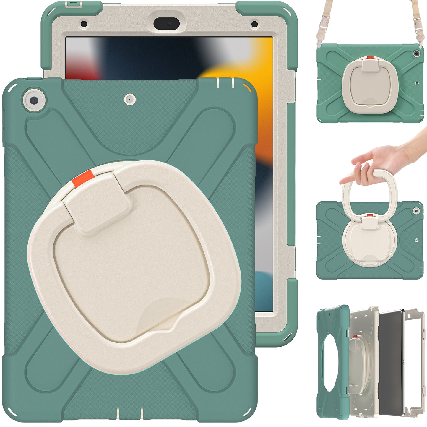 For iPad 10.2 (2021) / (2019) / (2020) Rotary Kickstand Tablet Case PC+Silicone Tablet Cover with Shoulder Strap