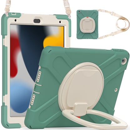 For iPad 10.2 (2021) / (2019) / (2020) Rotary Kickstand Tablet Case PC+Silicone Tablet Cover with Shoulder Strap