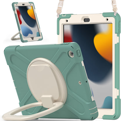 For iPad 10.2 (2021) / (2019) / (2020) Rotary Kickstand Tablet Case PC+Silicone Tablet Cover with Shoulder Strap