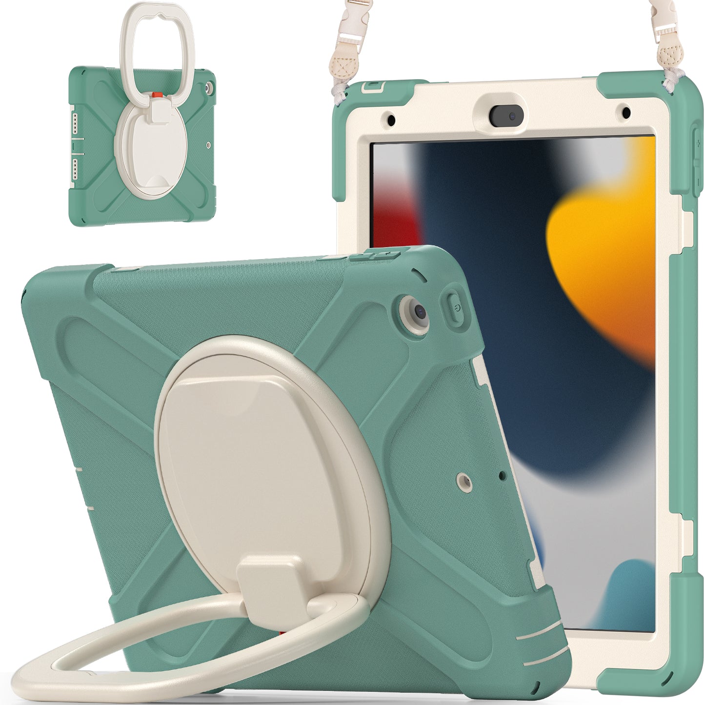 For iPad 10.2 (2021) / (2019) / (2020) Rotary Kickstand Tablet Case PC+Silicone Tablet Cover with Shoulder Strap