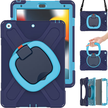 For iPad 10.2 (2021) / (2019) / (2020) Rotary Kickstand Tablet Case PC+Silicone Tablet Cover with Shoulder Strap