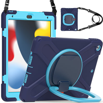 For iPad 10.2 (2021) / (2019) / (2020) Rotary Kickstand Tablet Case PC+Silicone Tablet Cover with Shoulder Strap