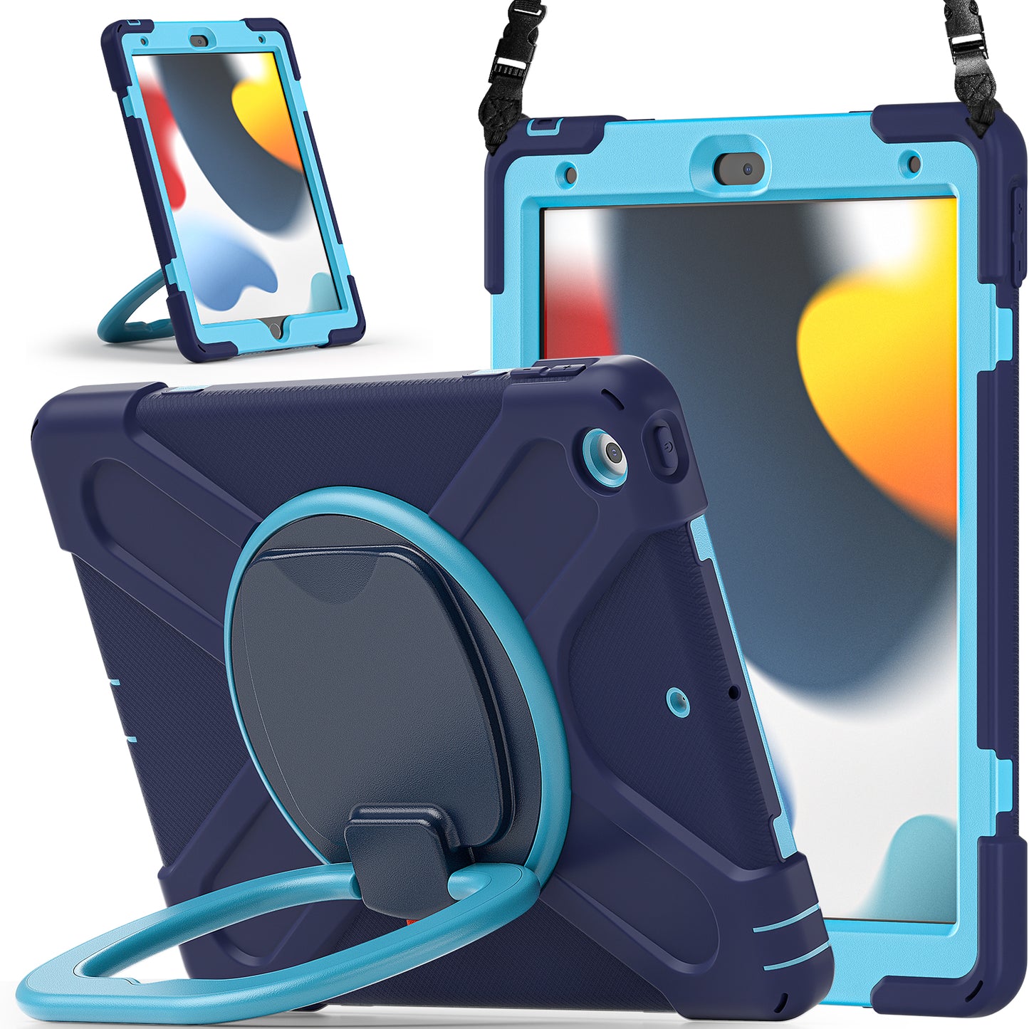 For iPad 10.2 (2021) / (2019) / (2020) Rotary Kickstand Tablet Case PC+Silicone Tablet Cover with Shoulder Strap