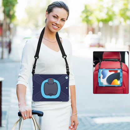 For iPad 10.2 (2021) / (2019) / (2020) Rotary Kickstand Tablet Case PC+Silicone Tablet Cover with Shoulder Strap
