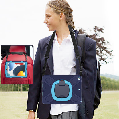 For iPad 10.2 (2021) / (2019) / (2020) Rotary Kickstand Tablet Case PC+Silicone Tablet Cover with Shoulder Strap