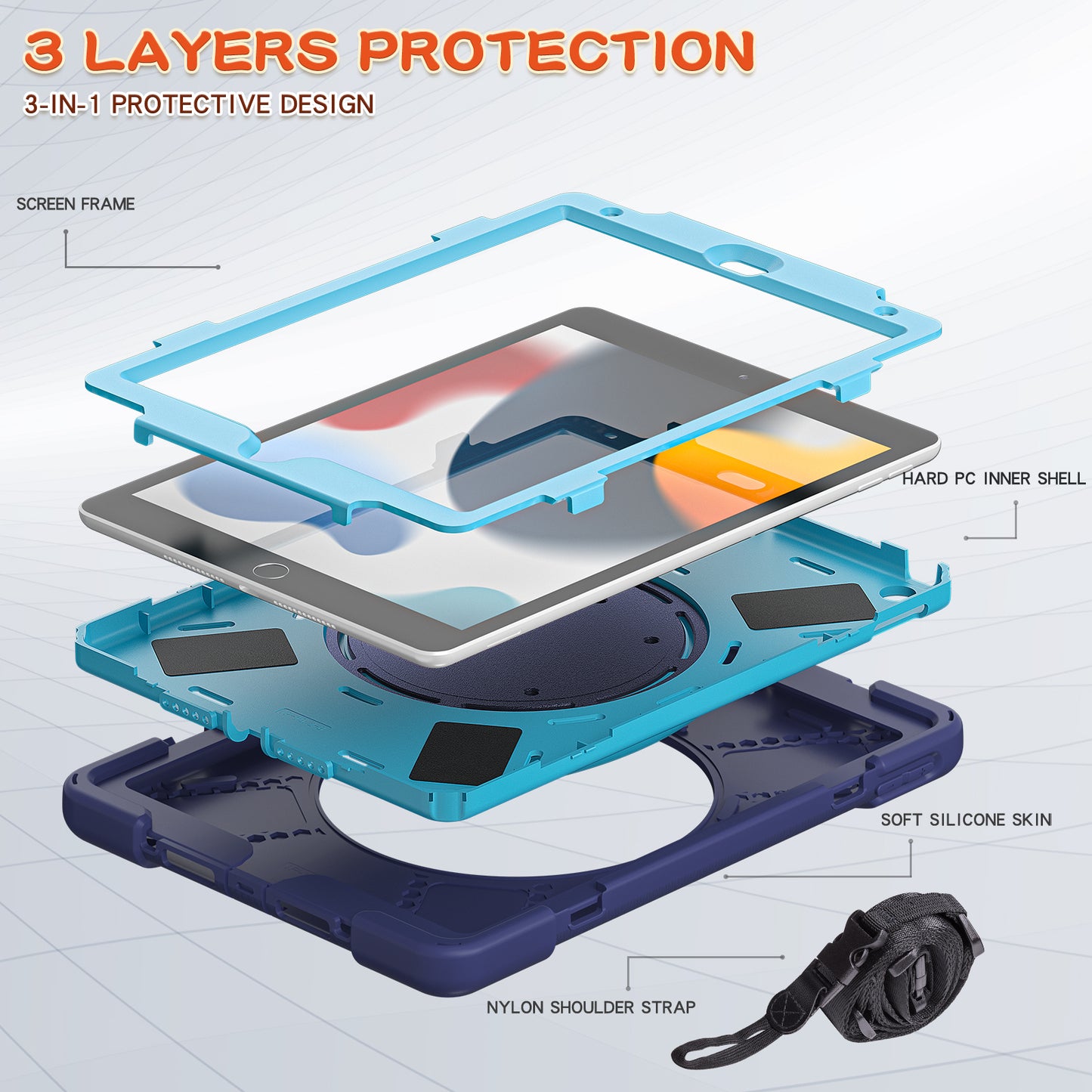 For iPad 10.2 (2021) / (2019) / (2020) Rotary Kickstand Tablet Case PC+Silicone Tablet Cover with Shoulder Strap
