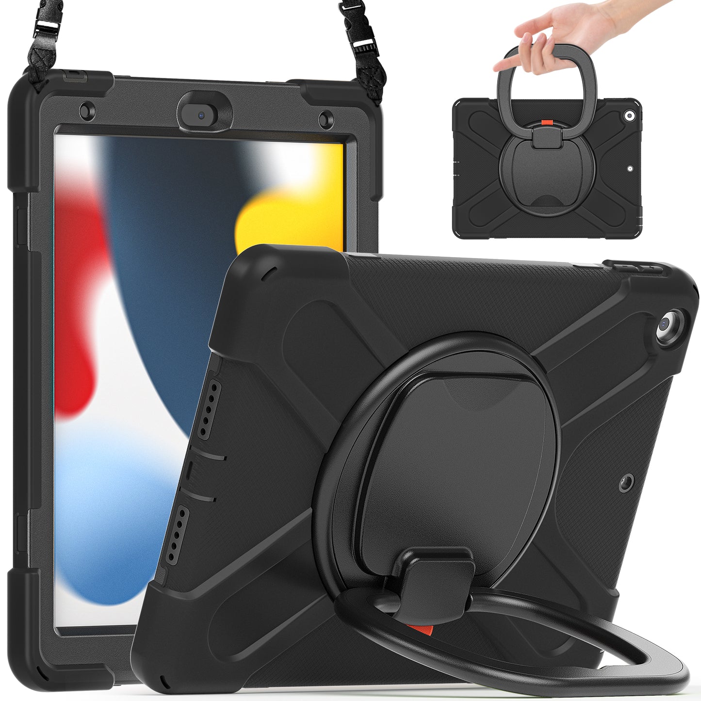 For iPad 10.2 (2021) / (2019) / (2020) Rotary Kickstand Tablet Case PC+Silicone Tablet Cover with Shoulder Strap