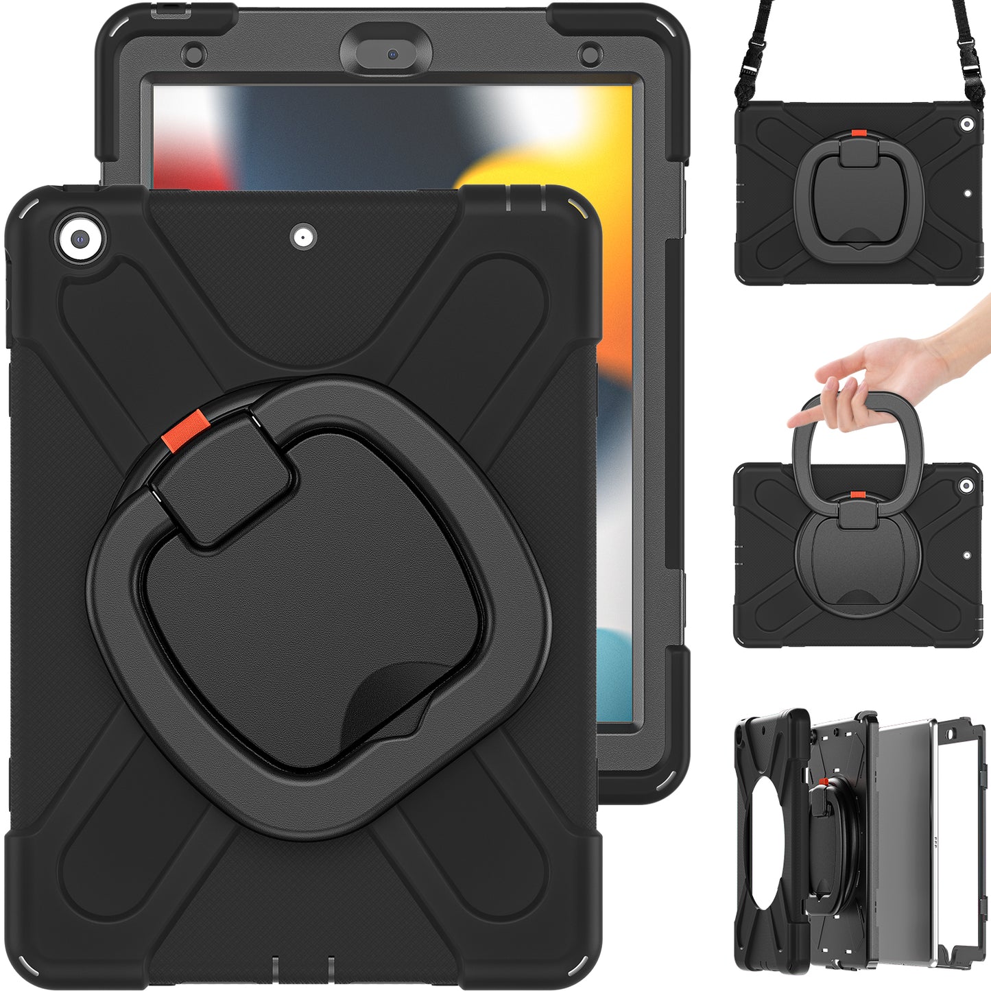 For iPad 10.2 (2021) / (2019) / (2020) Rotary Kickstand Tablet Case PC+Silicone Tablet Cover with Shoulder Strap
